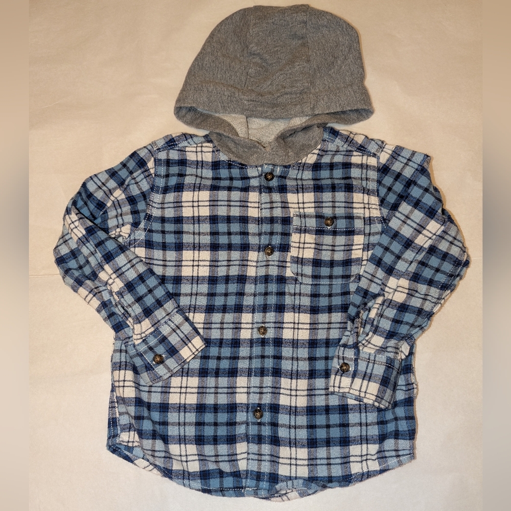 Carter's Blue Plaid Long Sleeve Shirt Button Down Hood Cotton Size 4 Toddler
